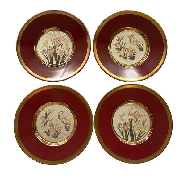 4 Vtg Art of Chokin Iris Hummingbird Plates w 24K Gold Trim 6” Japan - Picture 1 of 12
